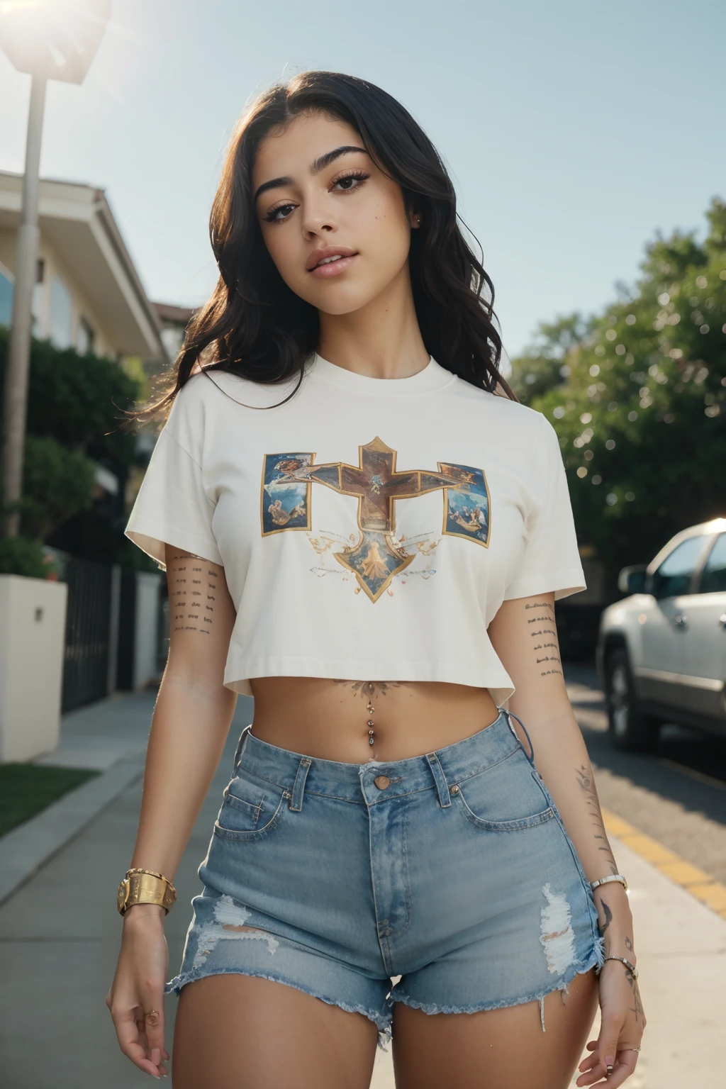 (masterpiece, best quality, high resolution:1.2), (cowboy shot:1.2), fashion pose,
casual photography, natural light, (anti-aliasing:1.2), elegant, soft scattered light, realistic proportions, limited palette, accent lighting, (neutral colors:1.3), cross process, cinematic lighting, coherent light, coherent shadows, depth of field, 35mm photograph, film grain, film stock photograph ,kodak portra 400, camera f1.6 lens , lifelike texture,
detailed face, detailed eyes, detailed skin, extremely detailed, intricate details,
<lora:ZH_MTrevejo_v1:1>, zh_mtrevejo, 1girl, solo, realistic, long hair, tattoo, looking at viewer, shirt, shorts, outdoors,