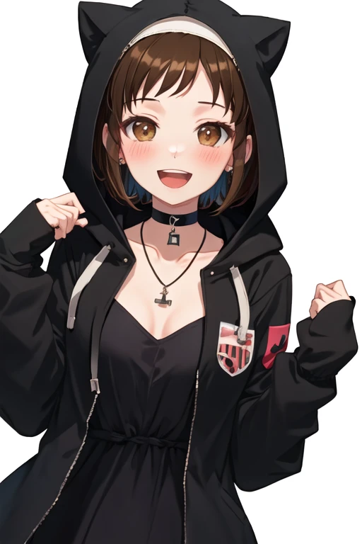 best quality, masterpiece, highres, solo, {hazawa_tsugumi_bangdream:1.15}, brown_hair, short_hair, brown_eyes, blush, smile, bangs, open_mouth, 1girl, black_choker, choker, hairband, jacket, jewelry, long_sleeves, looking_at_viewer, black_jacket, simple_background, white_background, :d, dress, hood, hood_down, necklace, upper_body, yellow_dress, clenched_hands, collarbone, hooded_jacket