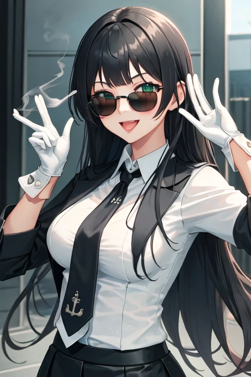 best quality, masterpiece, highres, solo, {black business suit:1.40}, {tie:1.20}, {sunglasses:1.25}, {white gloves:1.15}, {white shirt:1.10}, {black skirt:1.15}, {smoking:1.20}, handsome, {kurosawa_dia_lovelivesunshine:1.15}, black_hair, bangs, mole, mole_under_mouth, long_hair, hair_ornament, blunt_bangs, blush, green_eyes, smile, hairclip, aqua_eyes