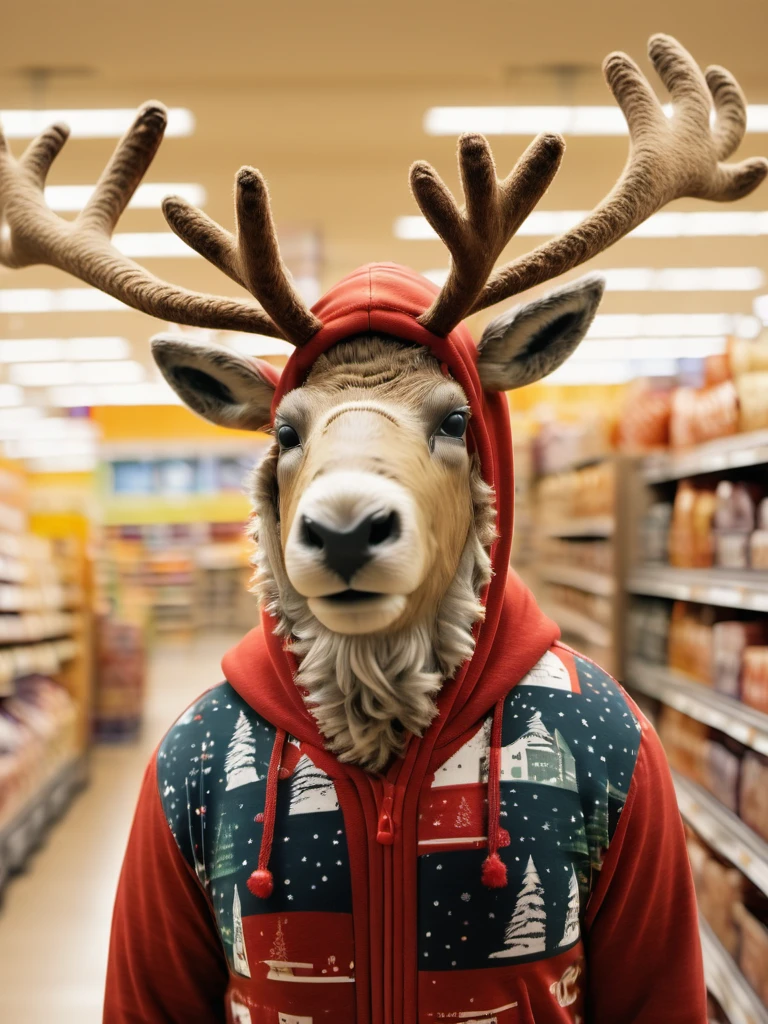 Captured with the Canon EOS 5D Mark IV, this image features an anthropomorphic reindeer. The anthro reindeer, wearing a colorful hoodie, turns away from the viewer while looking over with a friendly expression. Its fuzzy antlers add a unique charm. The setting is a grocery store, with a blurred background, creating a whimsical and engaging scene. <lora:Anthropomorphic_Reindeer:1>