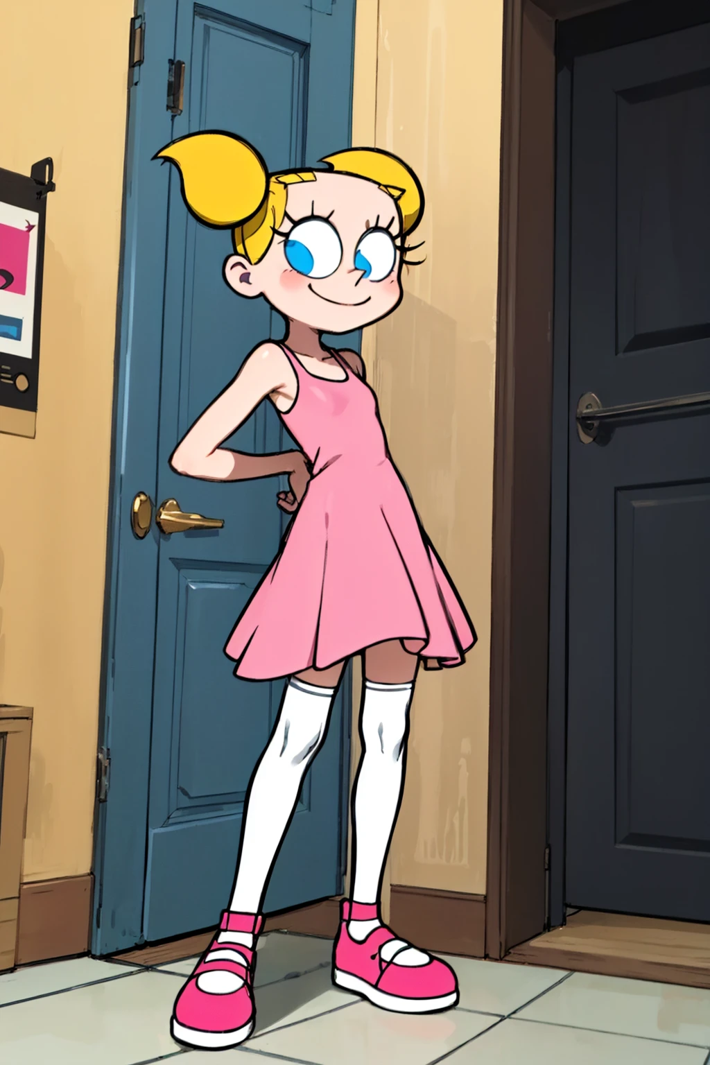 blonde hair, deedee, solo, white legwear, pink dress, twintails, blue eyes, 1girl, short twintails, smile, standing, pink footwear ,arms behind back, <lora:deedee3.0-000008:0.5>