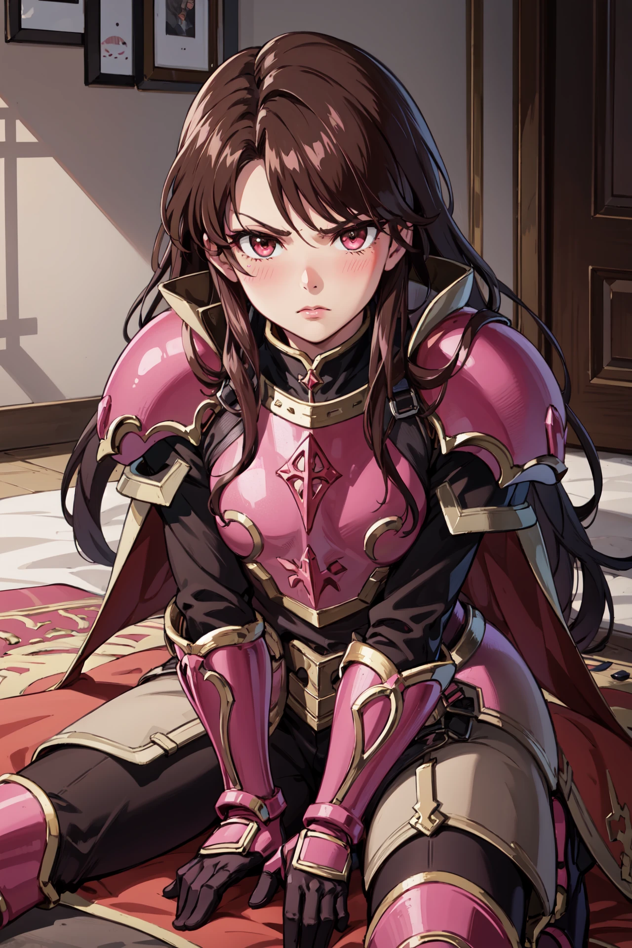 lying face down, head toward the camera,on the screen of smartphone camera app frame,angry,blush,<lora:sheenaV1-000009:0.8>,sheena, armor, gauntlets,looking at viewer,pants, armored boots, cape, high heels, shoulder armor, breastplate,  pauldrons, greaves, gloves, pink footwear, faulds,house,(masterpiece, best quality, ultra-detailed, best shadow)