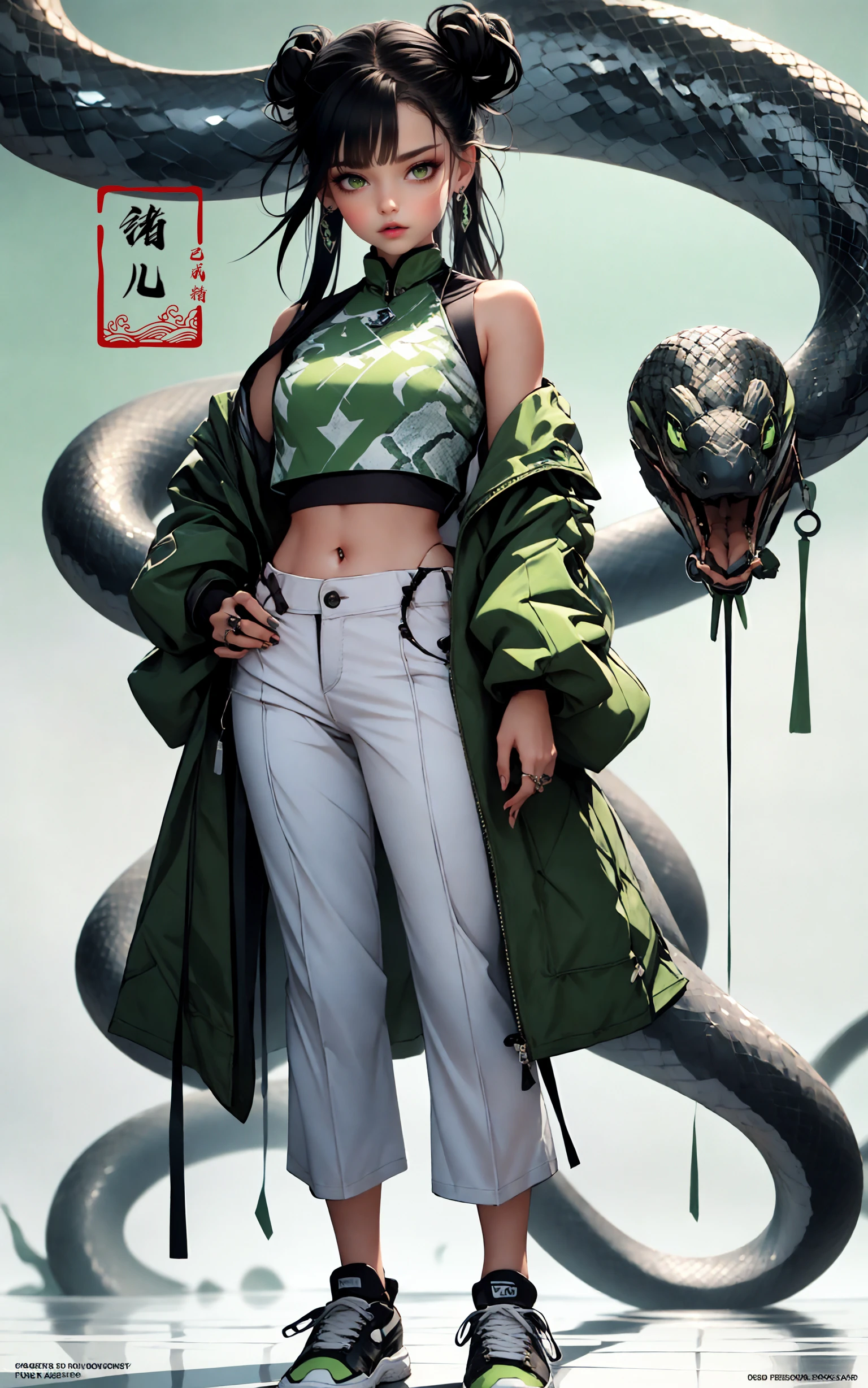 offcial art, colorful, Colorful background, splash of color,movie perspective, (advertising style, magazine cover:1.3)Best quality,masterpiece,ultra high res,Modern, Chinese, Song rhyme, Orientalpretty
cowboy shot
1girlblack hairbangsbare shoulders(White and green background:1.3)green eyessimple background sneakerssocksWhite and green dressopen jackethair bunpuffy long sleeves(crop top:1.3)pants
(full body:1.1),  (Snake:1.2)<lora:Dragon and Snake_20231205144509:0.8> <lora:pretty_20231205105835:0.8>