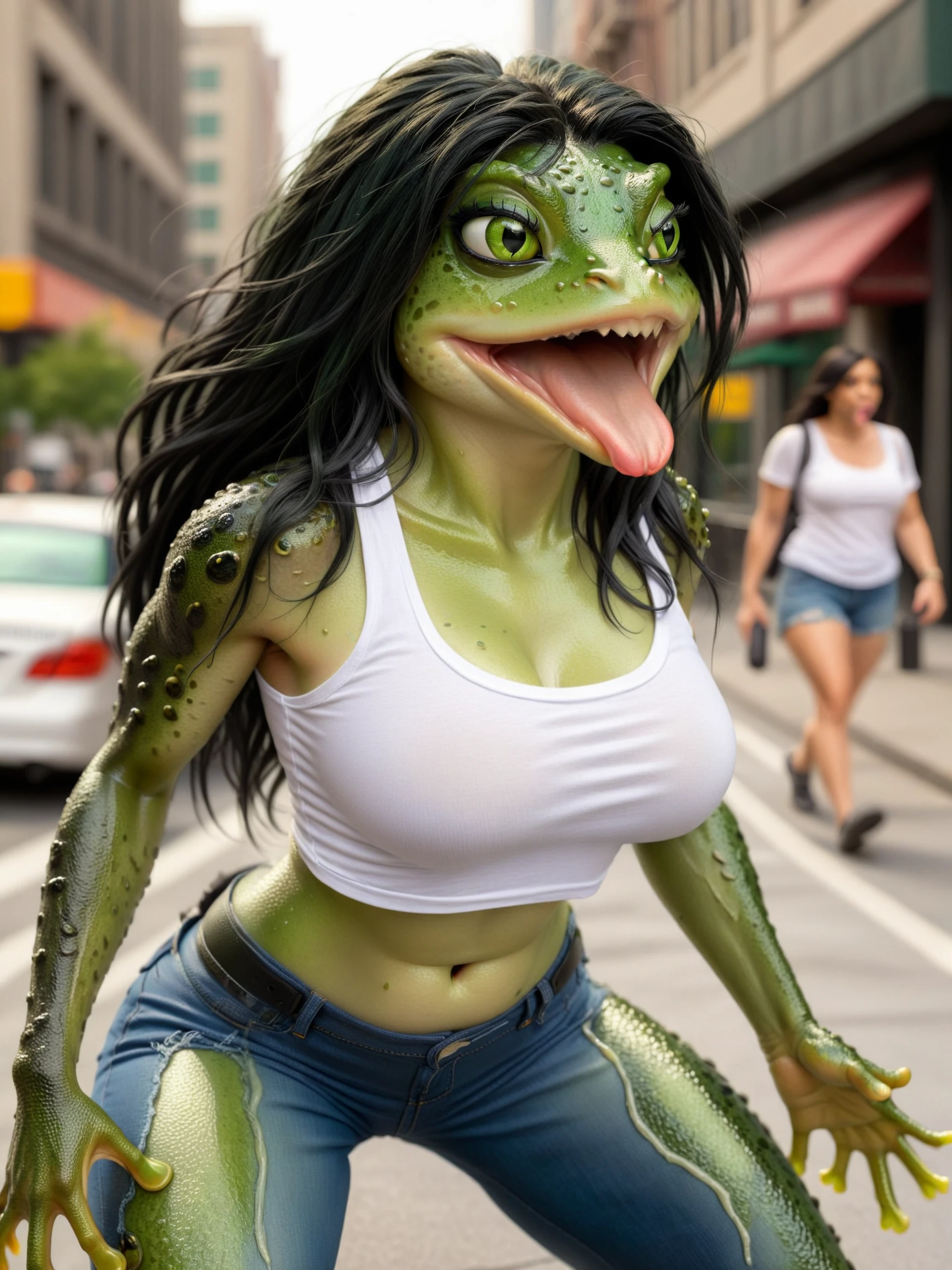 <lora:frog-v3_adam-cosine_16x8-4x1-000003:1.2>
a realistic photograph of a fr0g frog woman with a beautiful face and a wide mouth
with black hair and green frog skin
wearing a white tank top and blue jeans
walking in a city