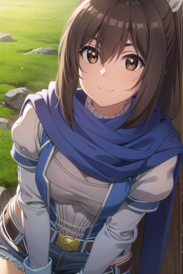 bofurisally, <lora:bofuri sally s2-lora-nochekaiser:1>,
sally, long hair, brown hair, (brown eyes:1.5), ribbon, hair ribbon, ponytail, smile,
BREAK gloves, shorts, scarf, blue scarf, shirt, white shirt, puffy sleeves, long sleeves, belt, denim shorts,
BREAK outdoors, nature, forest, sun, sky, clouds, trees, grass,
BREAK looking at viewer,
BREAK <lyco:GoodHands-beta2:1>, (masterpiece:1.2), best quality, high resolution, unity 8k wallpaper, (illustration:0.8), (beautiful detailed eyes:1.6), extremely detailed face, perfect lighting, extremely detailed CG, (perfect hands, perfect anatomy),