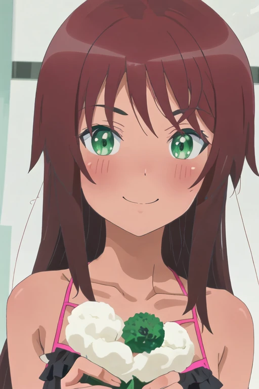 best quality, masterpiece, highres, solo, {kaneshiya_shitara_alicegearaegisexpansion:1.15}, long_hair, brown_hair, green_eyes, blush, 1girl, bangs, collarbone, looking_at_viewer, smile, v-shaped_eyebrows, holding, shirt, upper_body, >:\), closed_mouth, dark-skinned_female, dark_skin