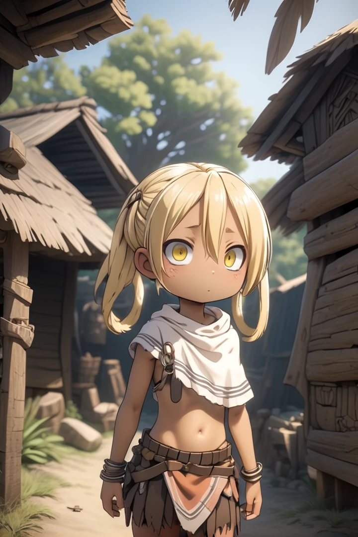 <lora:irumyuuisdxl-000019:0.5>
1girl, mia_irumyuui,
she has blonde hair.
(yellow eye color), (hair rings:1.4),
dark skin, wooden village, (flat chest), tribal outfit,
outside, well lit, savage skirt, naval, chest fully covered in rags,
draw it in the style of made in abyss,
The soft lighting and detailed surroundings create an immersive environment where imagination runs wild
high quality visuals, dim Lighting, sharply focused, octane render, 8k UHD