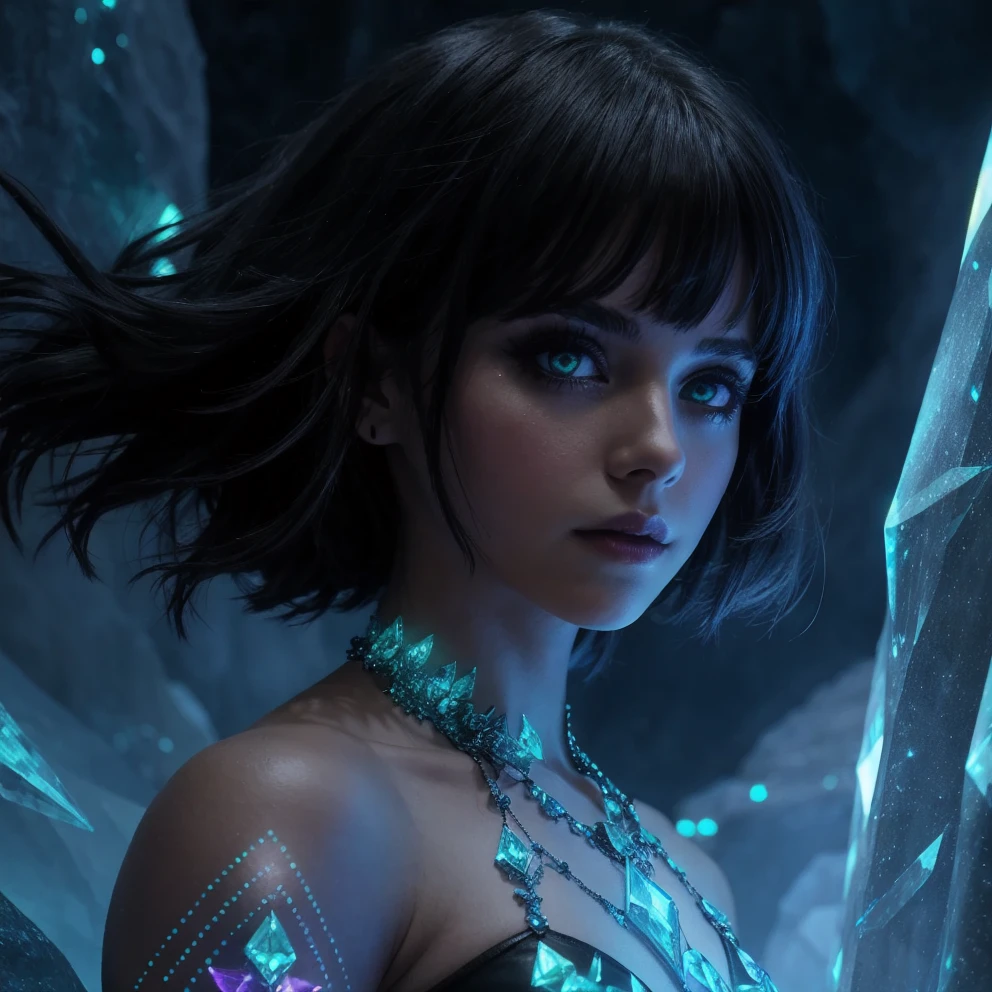 1girl, Cavern city glowing with crystals, inhabitants with glowing tattoos, channeling dark fantasy anime visuals.