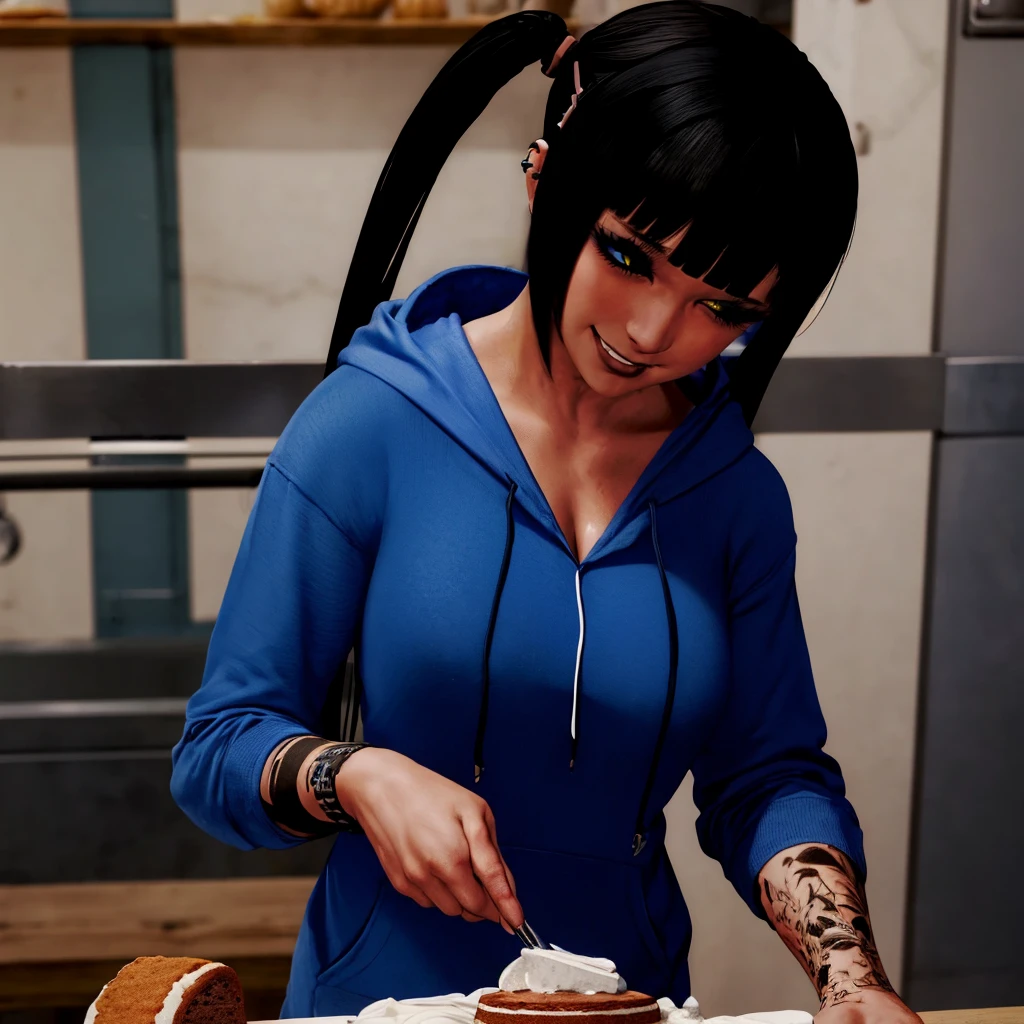 ((wearing a blue hoodie, baking a cake in the kitchen:1.2))<lora:HanaLoRA:1> hana dressed as a bandmember, tattoos, black nails, yellow eyes, twintails, earrings, woman, large breasts, black hair, nose piercing, ear piercing, black lipstick, collar, bangs, spiked collar, nail polish, beautiful eyes, beautiful girl, high detail skin, high detail eyes, high detail hair, highres, ultra detailed, Highly detailed, masterpiece, best quality, happy smile