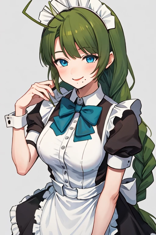 best quality, masterpiece, highres, solo, {maid:1.40}, {long maid dress:1.15}, {yuugumo_kantaicollection:1.15}, green_hair, long_hair, mole, mole_under_mouth, blue_eyes, ahoge, braid, single_braid, very_long_hair, blush, smile, bow, bowtie, breasts