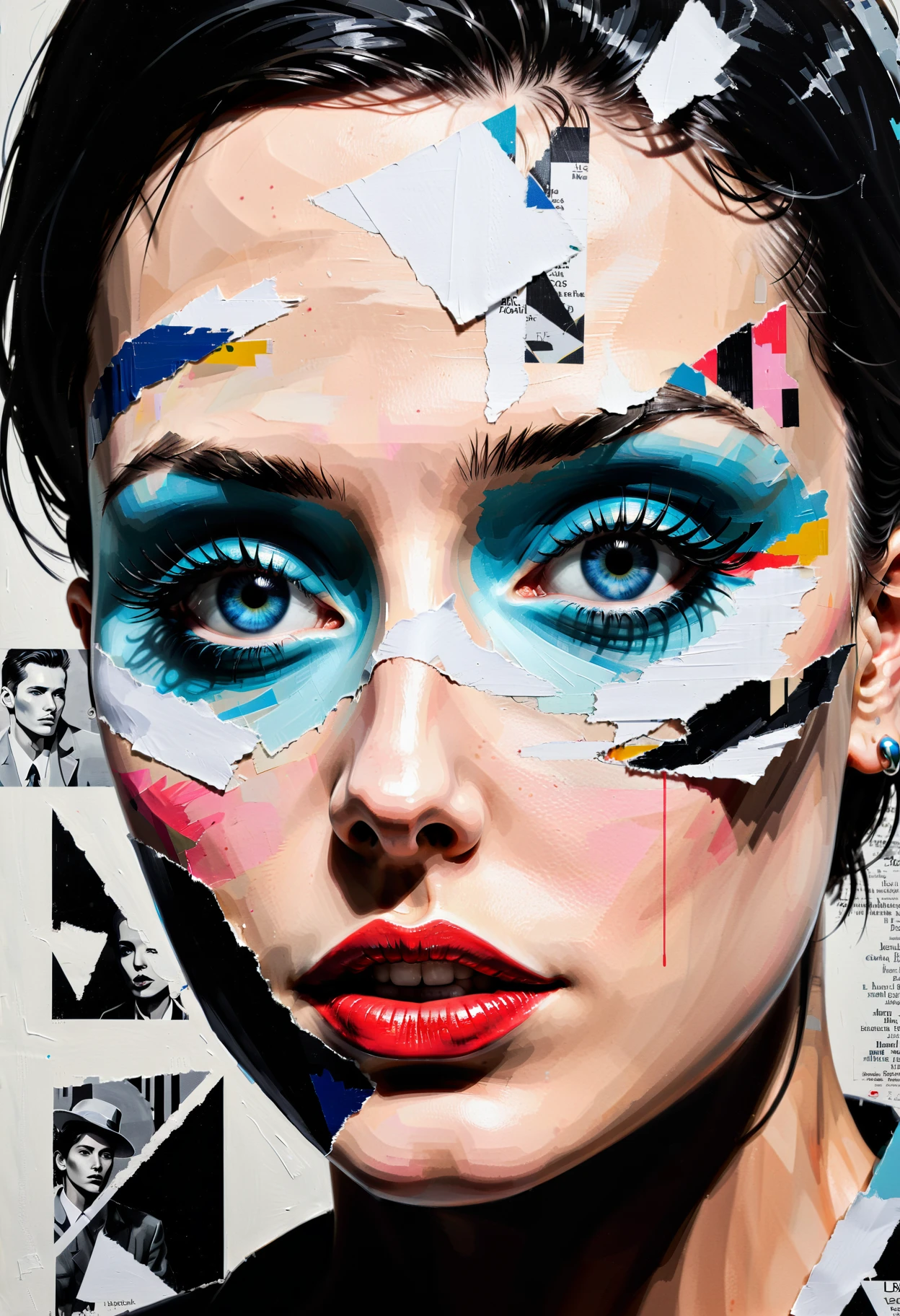 An abstract representation of a woman's face, with (geometric shapes:1.3) and torn, focusing on her vivid eyes, concept art inspired by Patrick Nagel Bauhaus style, in the style of Sandra Chevrier, (in the style of Loui Jover, ink on newspaper:0.5), <lora:xl_more_art-full_v1:0.8>, | <lora:Worn_Poster_2:0.4> p0ster style, worn, torn, Malay