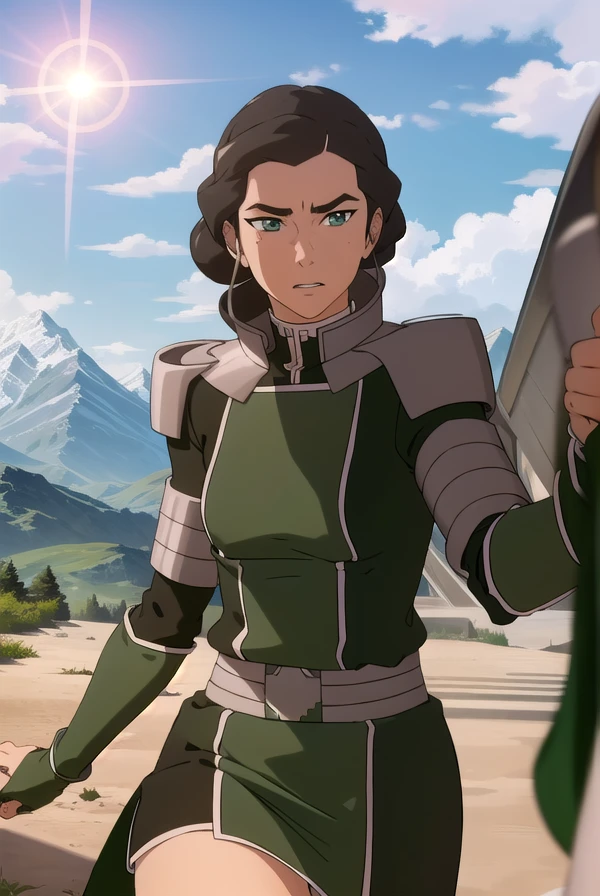 avatarkuvira, <lora:avatar kuvira-lora-nochekaiser:1>,
kuvira, black hair, dark skin, hair bun, single hair bun, (green eyes:1.5), mole, mole under eye,
BREAK boots, armor, uniform, military, military uniform,
BREAK outdoors, forest, nature, sky, sun, clouds,
BREAK looking at viewer,
BREAK <lyco:GoodHands-beta2:1>, (masterpiece:1.2), best quality, high resolution, unity 8k wallpaper, (illustration:0.8), (beautiful detailed eyes:1.6), extremely detailed face, perfect lighting, extremely detailed CG, (perfect hands, perfect anatomy),