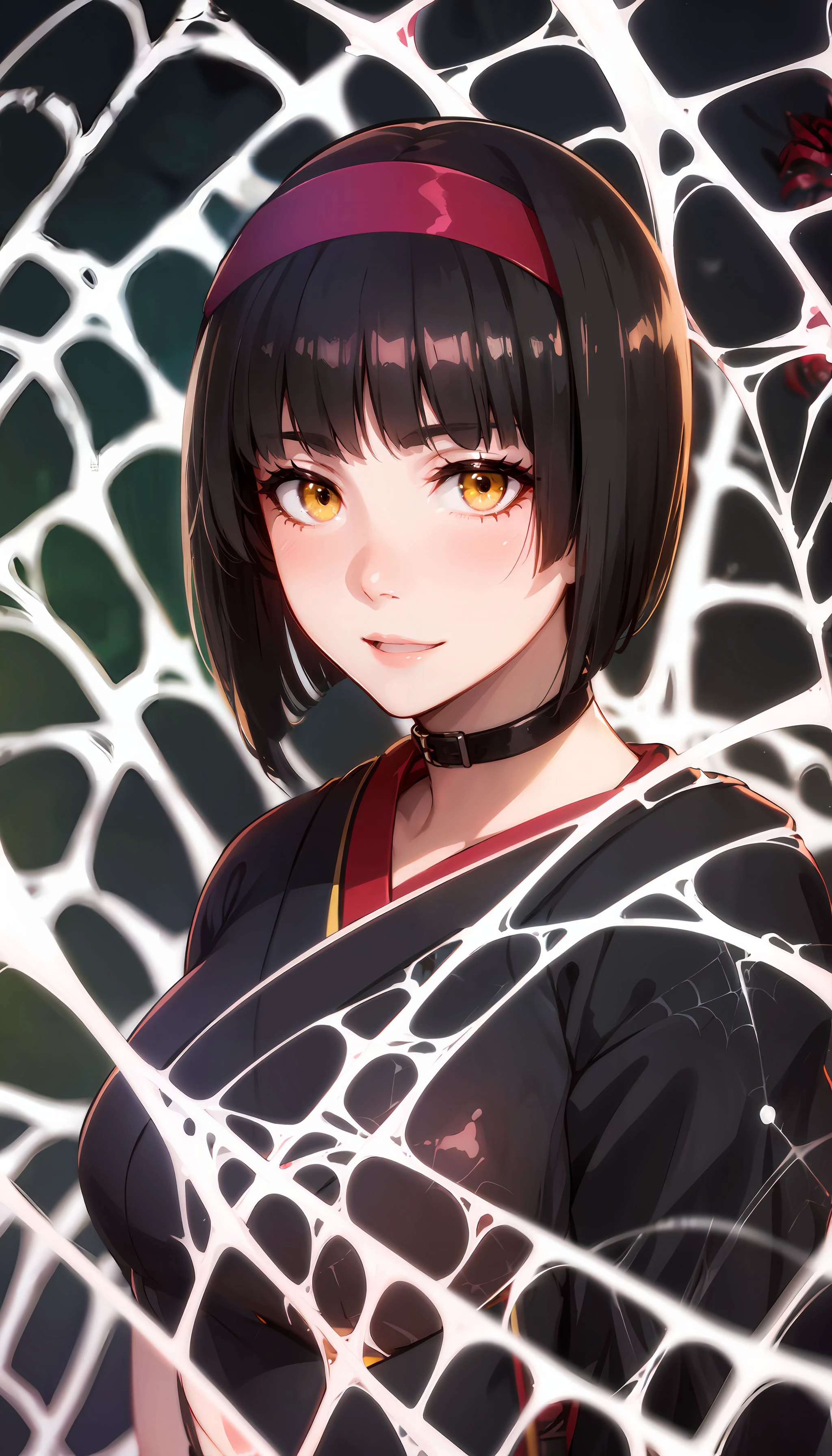 photorealistic, (4k), depth of field, (Masterpiece), (realistic skin texture), extremely detailed, intricate, hyper detailed, high resolution, professional photography, bokeh, sharp detail, best quality, woman, <lora:Mio-000004:0.7> , black hair, short hair, black kimono, pink headdress, frills, yellow eyes, adjusting her collar , <lora:GoodHands-beta2:0.8> <lora:BetterFeet:0.8> <lora:detail_slider_v4:0.8> , japanese house, interior, abandoned, (spider web:1.3), <lora:spider_web_v0.3:0.8> silk, cocoon, spider web,