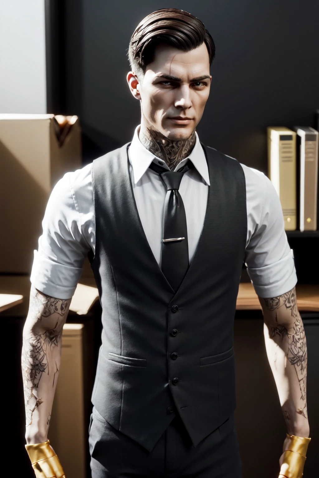 (((a man standing in an office))) (upper body), high detail skin, high detail eyes, high detail hair, highres, ultra detailed:1.2, detailed pores, imperfect skin:1.2, detailed reflective shiny skin, diffused skin pores,sharpen picture, Highly detailed, masterpiece, best quality <lora:MidasLoRA:0.7> midas, with, tattoos, scar, and, vest, tie, ((right eye missing white)), golden hands,  <lora:Better Hands-beta2:1> realistic, fingernails, fingers