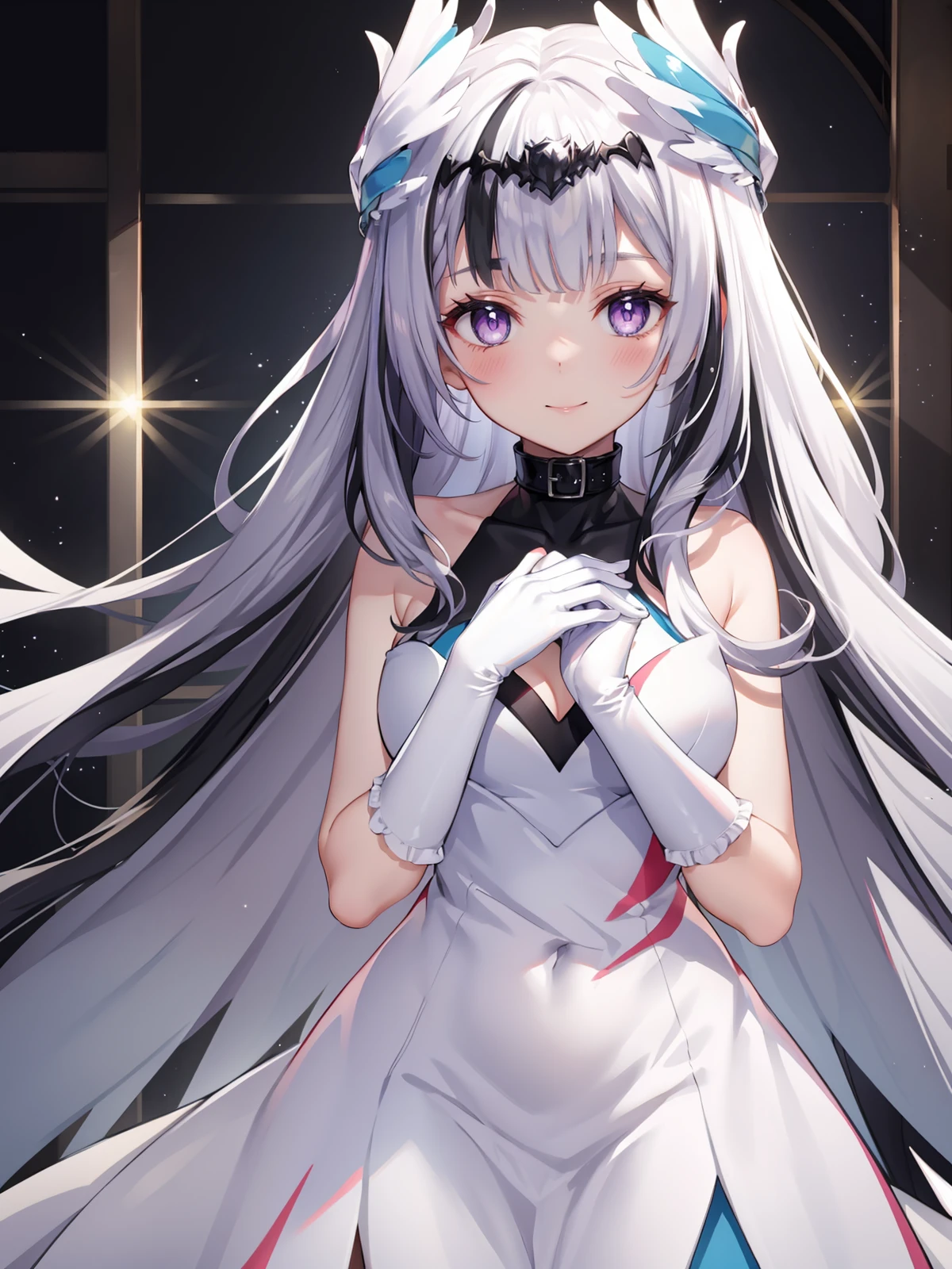 (extremely detailed CG, best quality:1.1), 1girl, perfect face, bright pupils, (finely detailed beautiful eyes:1.1), half-closed eyes, shiny skin, lustrous skin, wide hips, narrow waist, very long hair, (multicolored hair, black hair, white hair:1.2), head wings, purple eyes, dress, sleeveless dress, white gloves, elbow gloves, light smile, blush, hands on chest, cowboy shot,    <lora:Veyle:0.6>