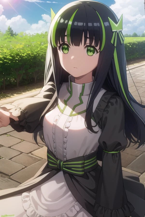 bofurimay, <lora:bofuri may s2-lora-nochekaiser:1>,
may, long hair, bangs, black hair, hair ornament, bow, (green eyes:1.5), multicolored hair, green hair, two-tone hair, streaked hair,
BREAK long sleeves, dress, frills, striped, puffy sleeves, black dress, sleeves past wrists, juliet sleeves,
BREAK outdoors, forest, nature, sky, sun, clouds,
BREAK looking at viewer,
BREAK <lyco:GoodHands-beta2:1>, (masterpiece:1.2), best quality, high resolution, unity 8k wallpaper, (illustration:0.8), (beautiful detailed eyes:1.6), extremely detailed face, perfect lighting, extremely detailed CG, (perfect hands, perfect anatomy),