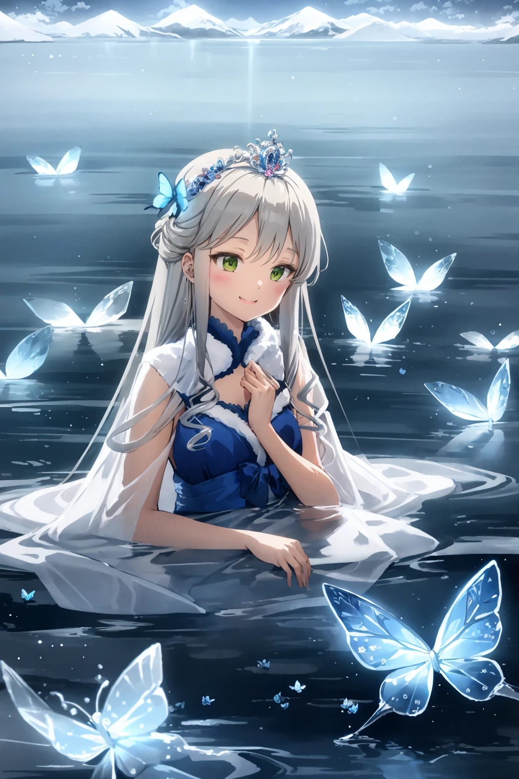 anime girl in polar dress in a water filled environment, in the style of light silver and light azure, delicate flowers, heavy shading, tiara, rococo style, princesscore, green eyes, happy, long silver hair, crystal theme, full of crystals, light blue, butterfly, blue rose, 32k uhd, amedee ozenfant, elaborate costumes, flowing brushwork