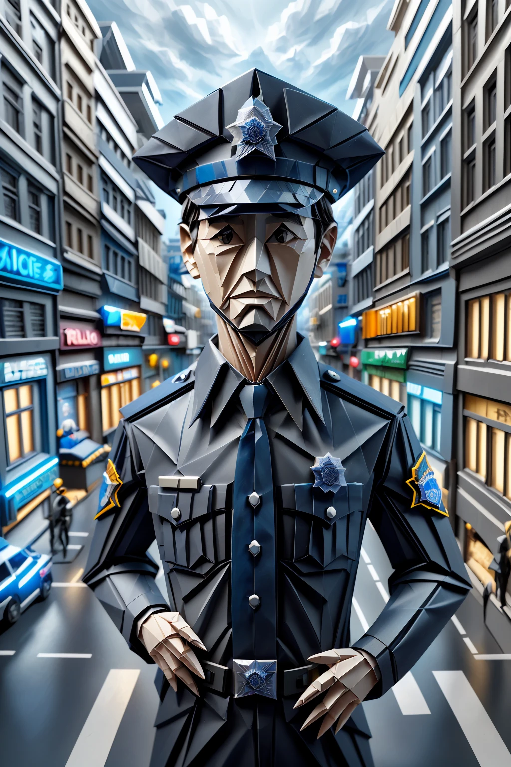 ral-orgmi, a origami paper policeman in a uniform is standing in the middle of a busy street <lora:ral-origami-sd15:1>