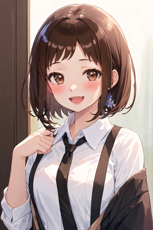 best quality, masterpiece, highres, solo, {hazawa_tsugumi_bangdream:1.15}, brown_hair, short_hair, brown_eyes, blush, smile, bangs, open_mouth, 1girl, looking_at_viewer, :d, upper_body, shirt