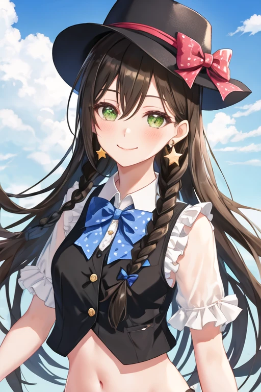 best quality, masterpiece, highres, solo, {hanazono_tae_bangdream:1.15}, long_hair, green_eyes, bangs, smile, blush, black_hair, brown_hair, hair_between_eyes, 1girl, black_bow, blue_bow, bow, bowtie, braid, earrings, hair_bow, jewelry, looking_at_viewer, plaid, polka_dot, polka_dot_bow, ribbon, shirt, star_\(symbol\), star_earrings, star_hair_ornament, striped, twin_braids, upper_body, vest, black_bowtie, collared_shirt, frills, hair_ornament, alternate_hairstyle, black_ribbon, crop_top, day, frilled_shirt, frilled_shirt_collar, hat, hat_bow, hat_ornament, hat_ribbon, midriff, plaid_shirt, sky