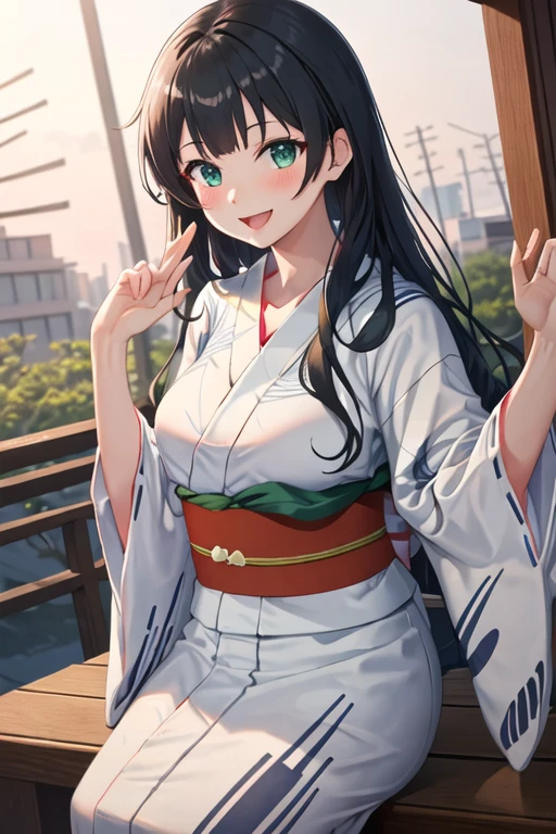 best quality, masterpiece, highres, solo, {yukata:1.40}, {kimono:1.20}, {agano_kantaicollection:1.15}, long_hair, black_hair, breasts, green_eyes, large_breasts, blush, open_mouth, smile