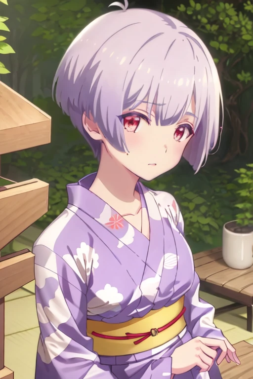 best quality, masterpiece, highres, solo, {yukata:1.40}, {kimono:1.20}, {ilyukhina_irina_renaiflops:1.15}, short_hair, red_eyes