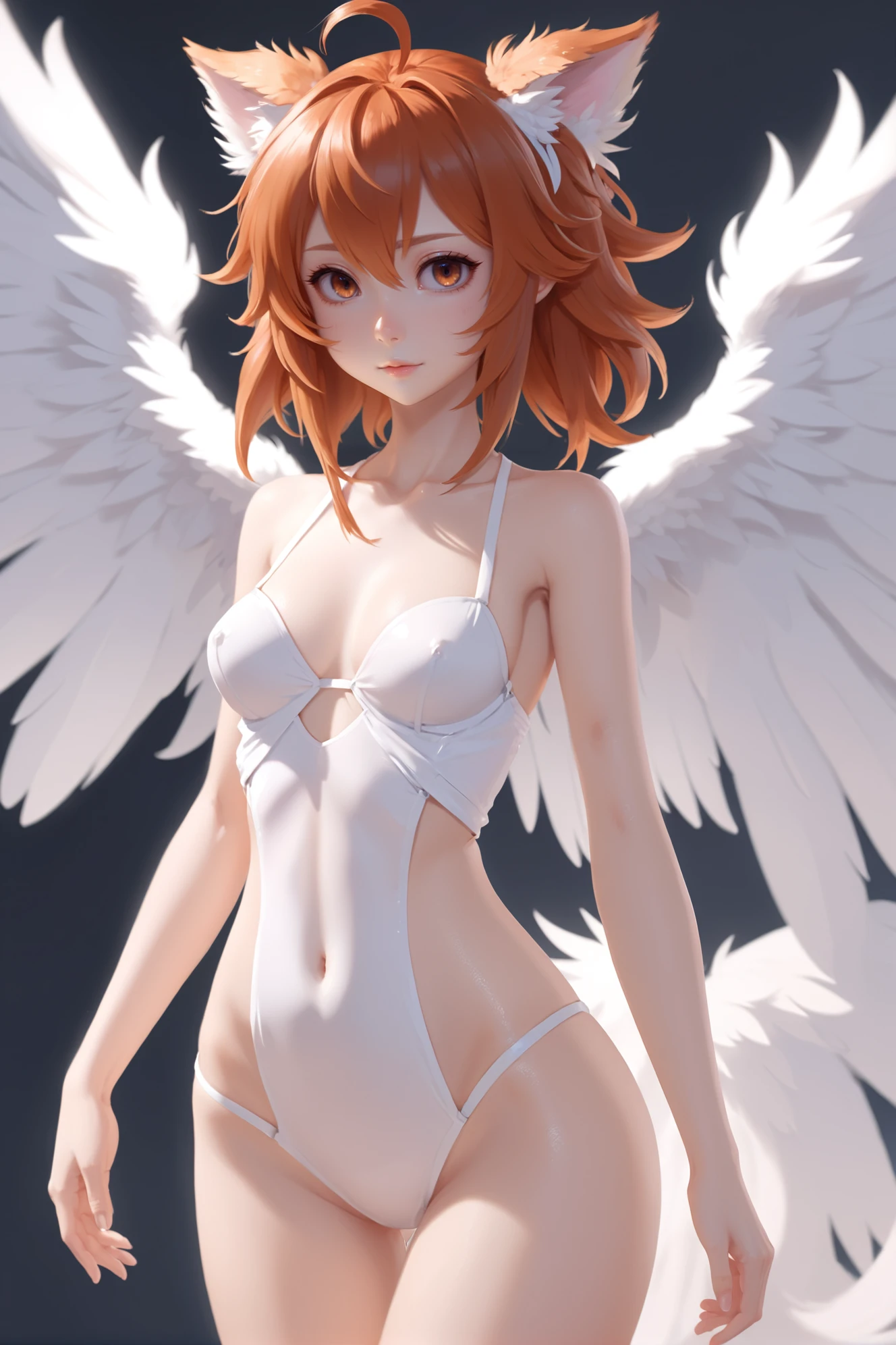 Masterpiece, Hoshizora rin, hair ornament,a beautiful urban female model, white transparent clothes standing under empty night stars, disappearing transparent pants,  standing, facial details, detailed body part details, 8k wallpaper, (skin tight), angelic wings, crying,a smile, glowing eyes, curvy waist,(NSFW:1.5)