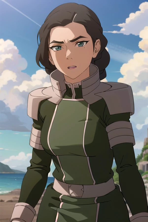 avatarkuvira, <lora:avatar kuvira-lora-nochekaiser:1>,
kuvira, black hair, dark skin, hair bun, single hair bun, (green eyes:1.5), mole, mole under eye,
BREAK boots, armor, uniform, military, military uniform,
BREAK outdoors, forest, nature, sky, sun, clouds,
BREAK looking at viewer,
BREAK <lyco:GoodHands-beta2:1>, (masterpiece:1.2), best quality, high resolution, unity 8k wallpaper, (illustration:0.8), (beautiful detailed eyes:1.6), extremely detailed face, perfect lighting, extremely detailed CG, (perfect hands, perfect anatomy),