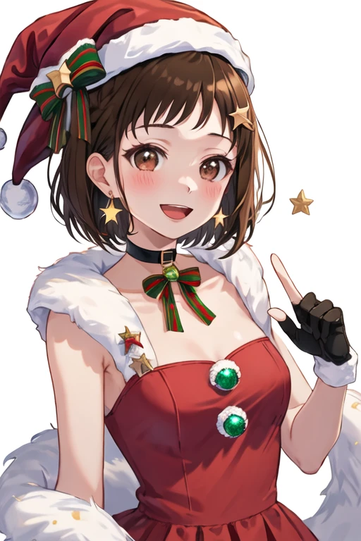 best quality, masterpiece, highres, solo, {hazawa_tsugumi_bangdream:1.15}, brown_hair, short_hair, brown_eyes, blush, smile, bangs, open_mouth, 1girl, christmas, hat, red_headwear, santa_hat, bow, fur-trimmed_headwear, fur_trim, upper_body, earrings, jewelry, looking_at_viewer, ribbon, black_gloves, fingerless_gloves, gloves, :d, holding, star_\(symbol\), choker, red_ribbon, white_background, merry_christmas, star_earrings