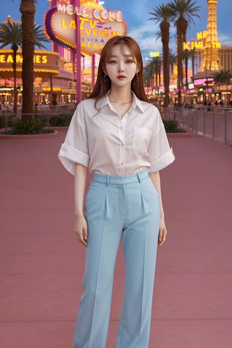 <lora:kim_hee_jeong_obj20:0.5>, full_body, standing, sandals, (shirt), pants, (las vegas strip), (kim_hee_jeong: 1.2), perfect face, (contact iris: 1.1), pale skin, skin pores , depth of field