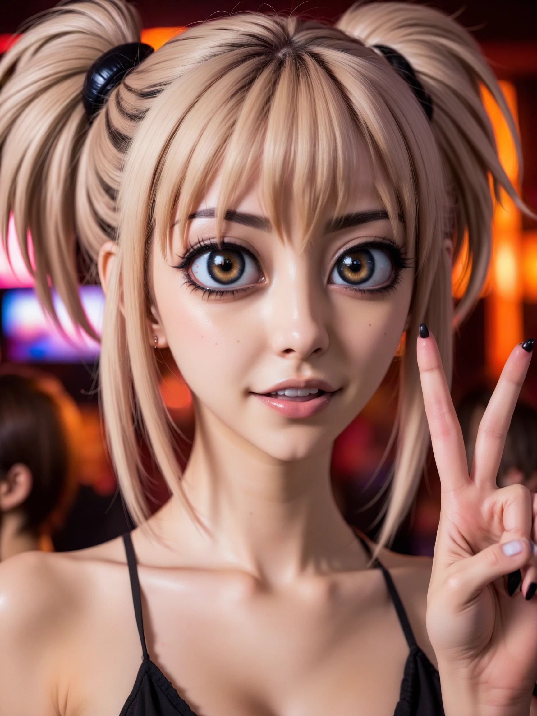 <lora:bigeyes-v2_16x8-4x1-000003:1>, (big anime eyes, huge anime eyes:1)
<lora:lori aerly big eyes 1b_lori aerly big eyes woman:0.2>,
a realistic photograph of woman with anime hair and a long neck
giving a peace sign and smiling
in a club