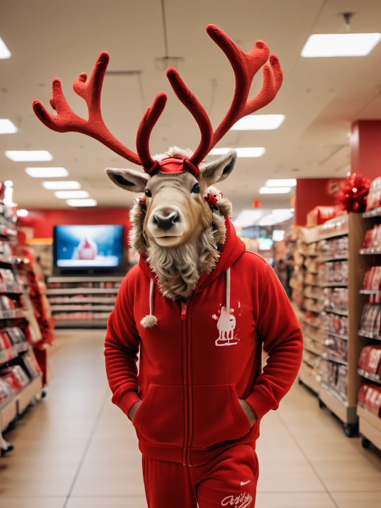Captured with the Canon EOS 5D Mark IV, this image features an anthropomorphic reindeer clad in red sweatpants and adorned with fuzzy antlers. The reindeer gazes away from the viewer while engrossed in watching a wall-mounted TV in a department store. The background is intentionally blurred, creating a cozy and relaxed atmosphere in the scene. <lora:Anthropomorphic_Reindeer:1>