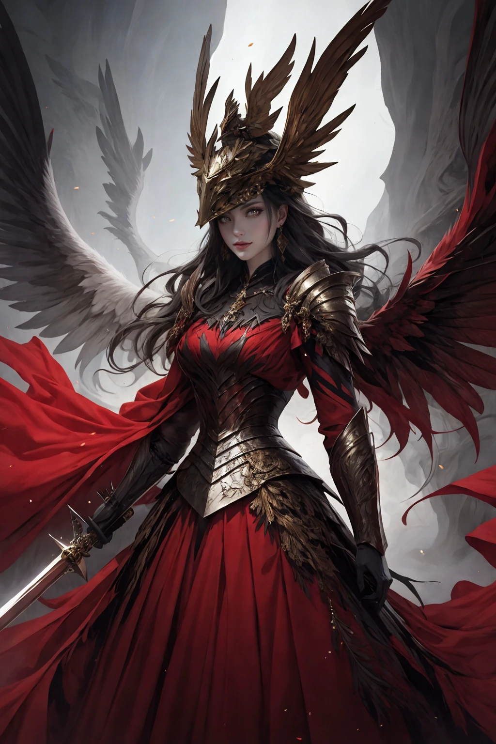 1girlsolojewelryearringshelmetholding weaponholding sword
Malenia in Elden Ring, dragon scale hat, in the style of epic fantasy scenes, gold and crimson,golden helmet,ritualistic masks with gold wings spread on it, mythical,Petals drift around her as her once-pristine form undergoes a graceful decay,glowing crimson eyes,in the underground cave with light shooting through the hole on the top,32k uhd,   painted by MichaelCTY(Chang Ting Yu),medieval knight armor,in the style of Dark Soul!b,painted by hamaya and macros,dark fantasy,majestic attire,captivating light,solarizing master,strong emotional impact,majestic figures
<lora:~Q?-Yskfy^ winged helmet:0.8>