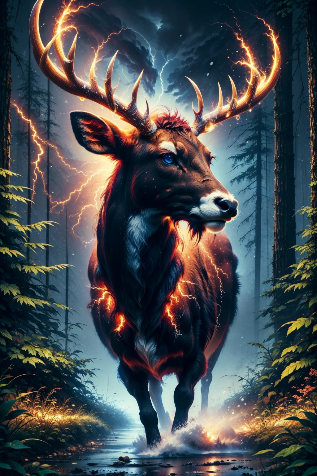 masterpiece, best quality,  <lora:ragingstorm-nvwls-v1:1> ragingstorm deer, antlers, winter, snow, forest, alpine forest, blue eyes, glowing eyes