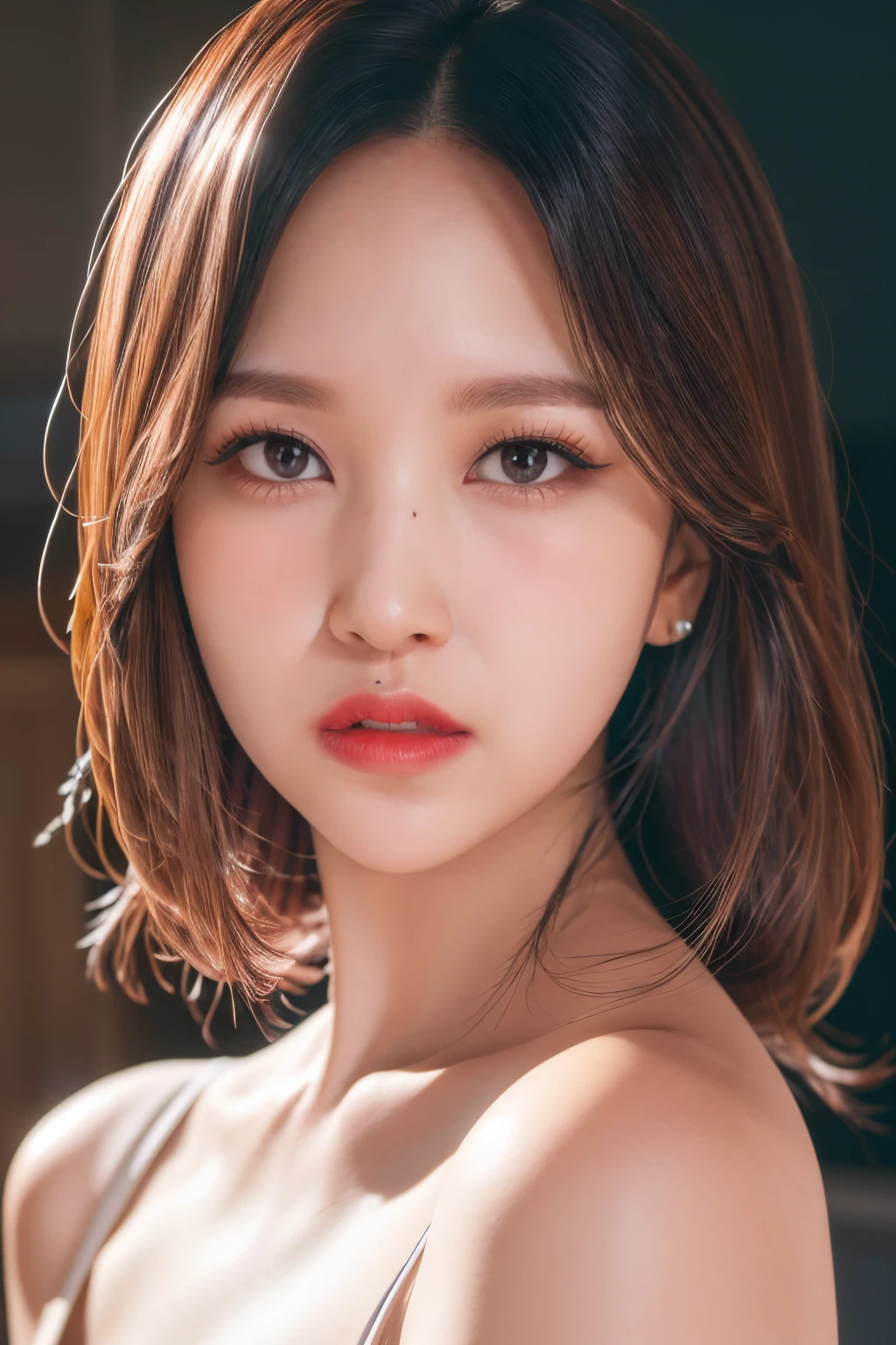 <lora:Twice Mina:1>, Mina, 1girl, solo, realistic, looking at viewer, photograph, photorealistic, beautiful and aesthetic, extremely detailed skin, extremely detailed hair, shadows, masterpiece, top quality, best quality, highres, ultra-high res, ultra-detailed, detailed lighting, high key lighting, vignetting,