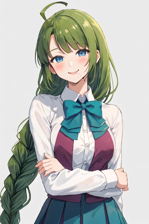 best quality, masterpiece, highres, solo, {yuugumo_kantaicollection:1.15}, green_hair, long_hair, mole, mole_under_mouth, blue_eyes, ahoge, braid, single_braid, very_long_hair, blush, smile, bow, bowtie, breasts, 1girl, school_uniform, shirt, white_shirt, dress, halterneck, looking_at_viewer, upper_body, long_sleeves, grey_background, pink_background, simple_background