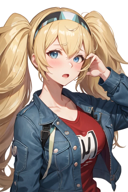 best quality, masterpiece, highres, solo, {gambier_bay_kantaicollection:1.15}, blonde_hair, long_hair, twintails, hairband, blue_eyes, breasts, large_breasts, hair_between_eyes, open_mouth, blush, 1girl, blue_jacket, jacket, shirt, white_shirt, simple_background, upper_body, collared_shirt, looking_at_viewer, white_background