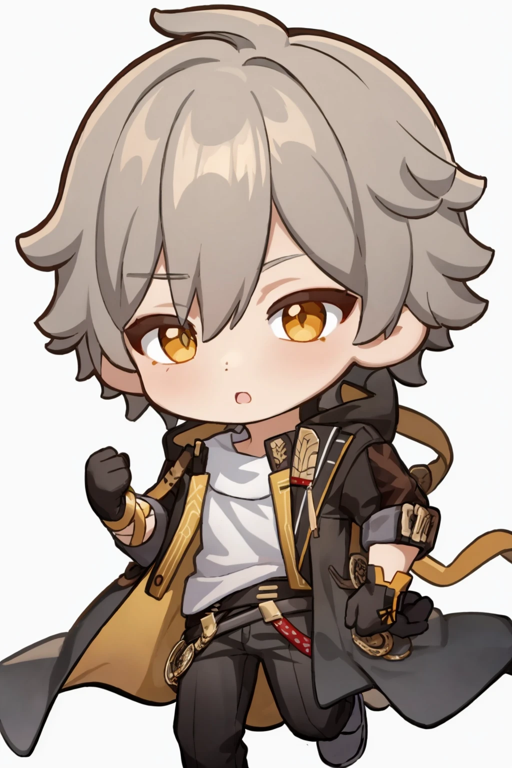 masterpiece, best quality, <lora:trailblazer:1>,chibi,
, 1boy, male focus, gloves, short hair,white hair,bangs,yellow eyes,white shirt,jacket,pants,belt,open jacket,jewelry, coat,
white background,