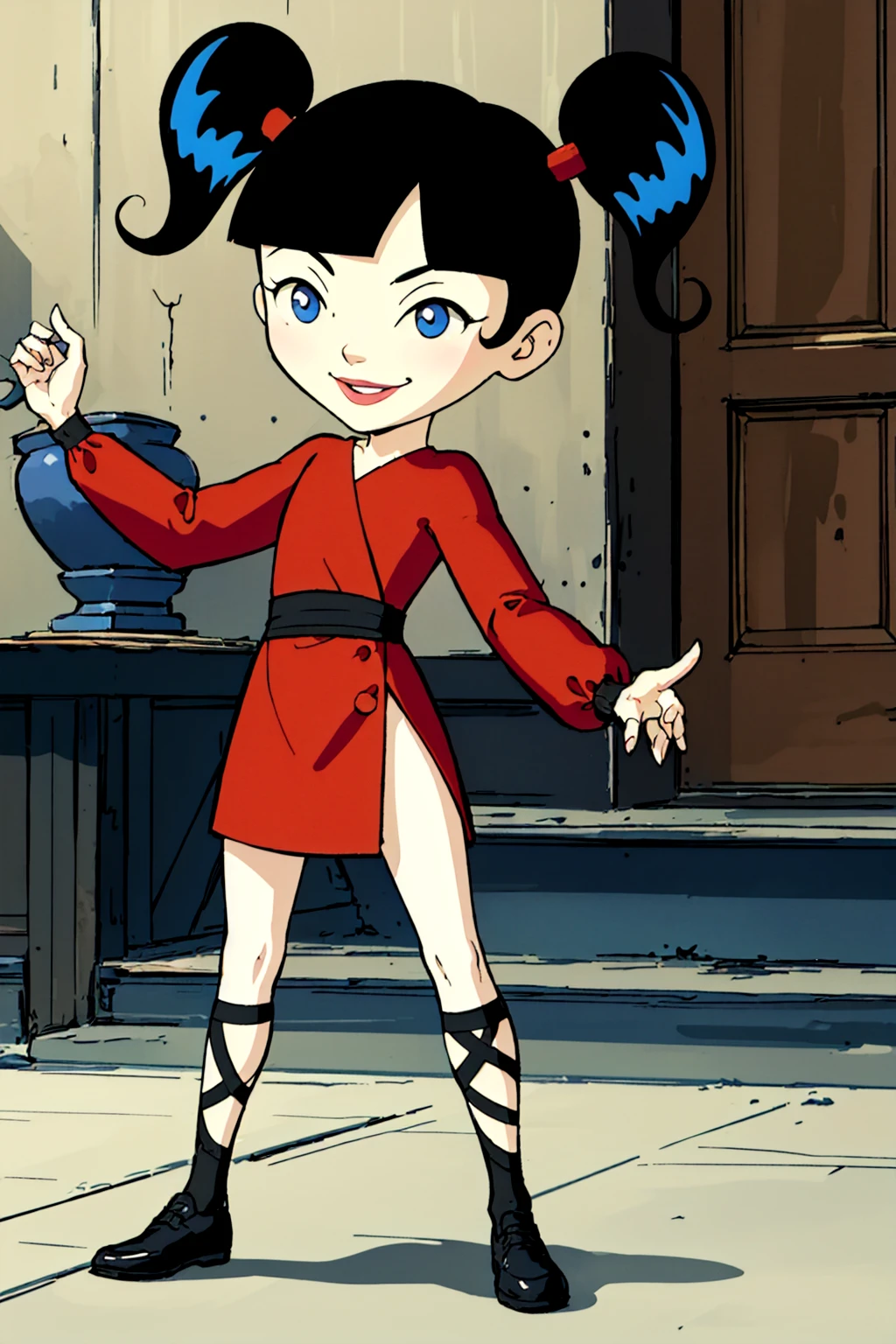 kimiko, 1girl, black hair, twintails, solo, blue eyes, dress, red dress, long sleeves, smile, black footwear <lora:kimiko1.o-000008:0.75>