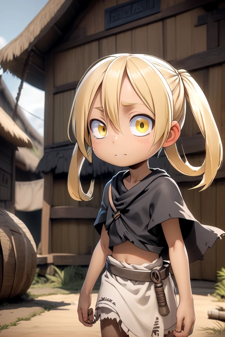 <lora:irumyuuisdxl-000019:0.5>
8 year old girl, mia_irumyuui,
she has (blonde hair).
(yellow eye color), sfw,
(blonde hair rings:1.5),
dark skin, wooden village, (flat chest), white tribal savage rag skirt,
outside, well lit, naval, chest fully covered in white savage tribal rags,
draw it in the style of made in abyss,
The soft lighting and detailed surroundings create an immersive environment where imagination runs wild
high quality visuals, dim Lighting, sharply focused, octane render, 8k UHD