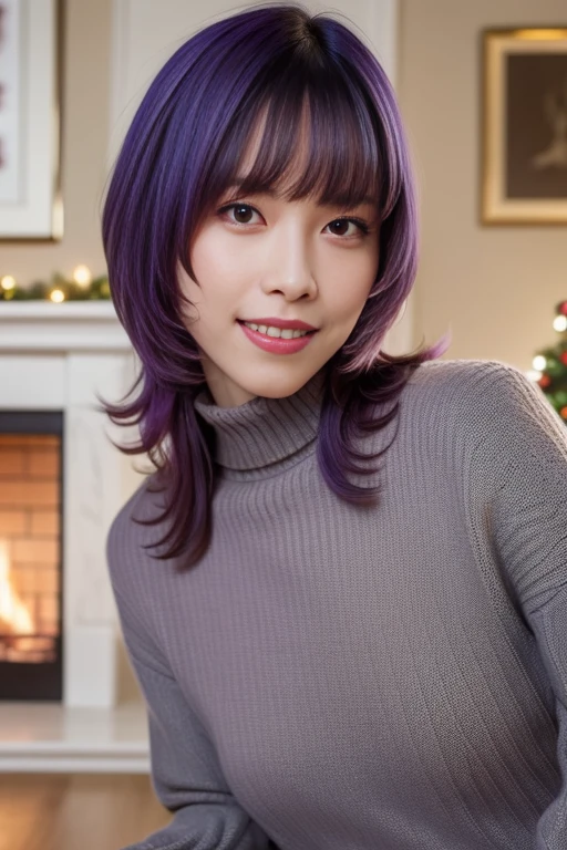 1girl,(wearing a turtleneck sweater),(winter jacket),(RAW photo, best quality), (realistic, photo-realistic:1.4), masterpiece, an extremely delicate and beautiful, extremely detailed, 2k wallpaper, Amazing, finely detail, extremely detailed CG unity 8k wallpaper, ultra-detailed, highres, soft light, beautiful detailed girl, extremely detailed eyes and face, beautiful detailed nose, beautiful detailed eyes,cinematic lighting,snow scenery,fireplace,(christmas tree,christmas decorations),perfect anatomy,smile,
<lora:asahinamadoka_lora:0.8>,purple hair