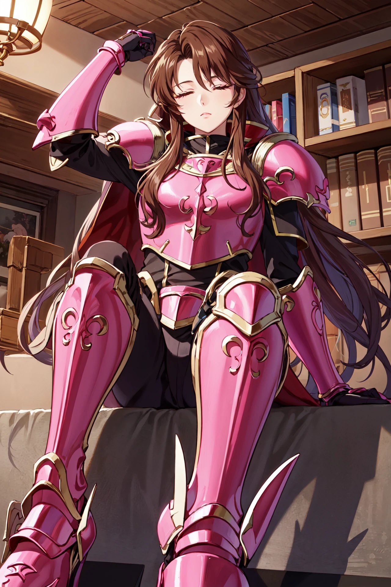 sleeping,from below,afterglow,<lora:sheenaV1-000009:0.85>,sheena, armor, gauntlets,looking at viewer,pants, armored boots, cape, high heels, shoulder armor, breastplate,  pauldrons, greaves, gloves, pink footwear, faulds,indoors,(masterpiece, best quality, ultra-detailed, best shadow)