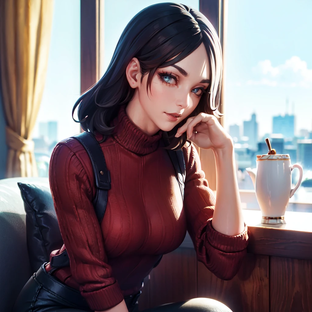 ((a woman wearing a red sweater and pants sitting in a cafe drinking tea , looking at viewer, palms in background, upper body))<lora:MarigoldLoRA:0.7> marigold, with, scar on eye, uniform:0.5, beautiful eyes, beautiful girl, high detail skin, high detail eyes, high detail hair, highres, ultra detailed,  detailed reflective shiny skin, diffused skin pores, sharpen picture, Highly detailed, masterpiece, best quality,