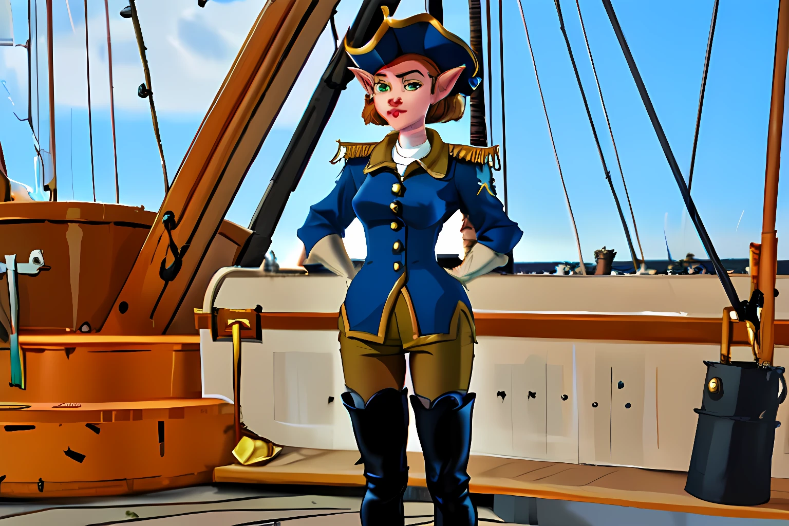 upper deck, mast, rigging, cannon, (1girl, AmeliaCapWaifu, blue uniform, thighhighs, thigh boots, gloves, hat, epaulettes, pants, standing, pointy ears),