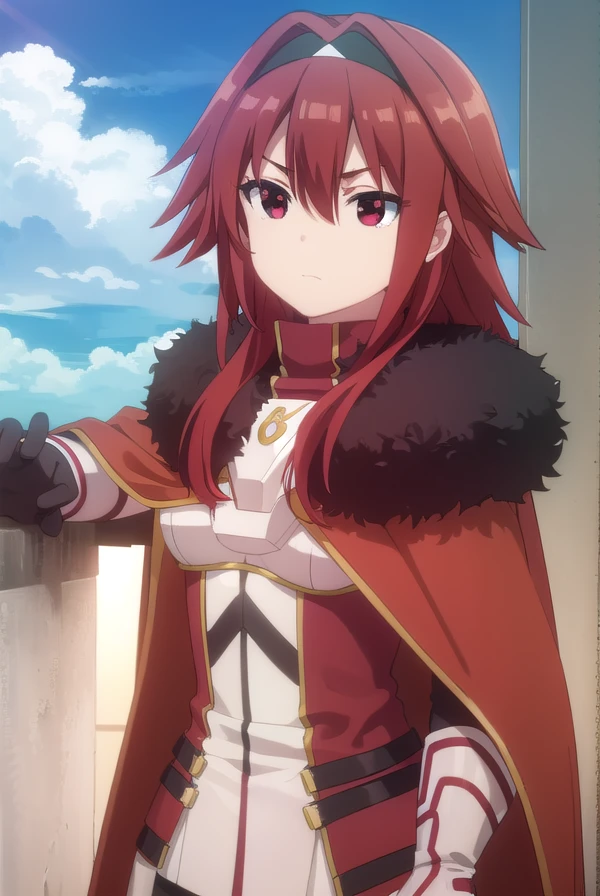 bofurimii, <lora:bofuri mii s2-lora-nochekaiser:1>,
mii, long hair, bangs, (red eyes:1.3), hair between eyes, sidelocks, red hair, hairband, black hairband,
BREAK gloves, black gloves, cape, armor, fur trim, red cape,
BREAK outdoors, forest, nature, sky, sun, clouds,
BREAK looking at viewer,
BREAK <lyco:GoodHands-beta2:1>, (masterpiece:1.2), best quality, high resolution, unity 8k wallpaper, (illustration:0.8), (beautiful detailed eyes:1.6), extremely detailed face, perfect lighting, extremely detailed CG, (perfect hands, perfect anatomy),