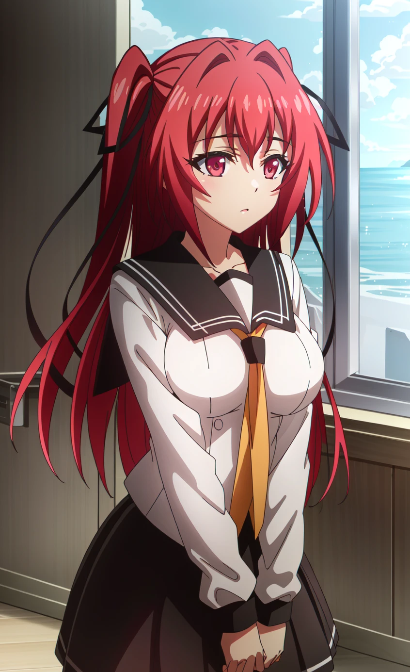 (extremely detailed CG unity 4k wallpaper),(masterpiece),(best quality),(ultra-detailed),(best illustration),(best shadow),(absurdres),(detailed background), <lora:OGT_Mio_Naruse-v2:0.9> Mio Naruse, 1girl, school uniform, red hair, solo, locker, long hair, hair ribbon, ribbon, serafuku, two side up, breasts, red eyes