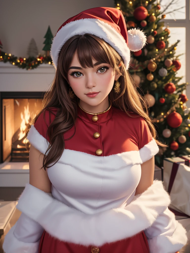(masterpiece:1.3), (highly detailed:1.3), (highres:1.1), best quality, Ultra-detail, 1girl, santa costume, santa dress, santa hat, solo, christmas tree,
