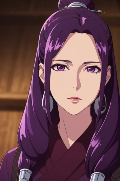 ((extremely realistic shading, masterpiece, extremely detailed, photorealistic)) <lora:aduofei-10:0.9>Purple long hair, bare forehead, purple eyes, earrings,mature women