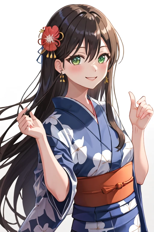 best quality, masterpiece, highres, solo, {yukata:1.40}, {kimono:1.20}, {hanazono_tae_bangdream:1.15}, long_hair, green_eyes, bangs, smile, blush, black_hair, brown_hair, hair_between_eyes