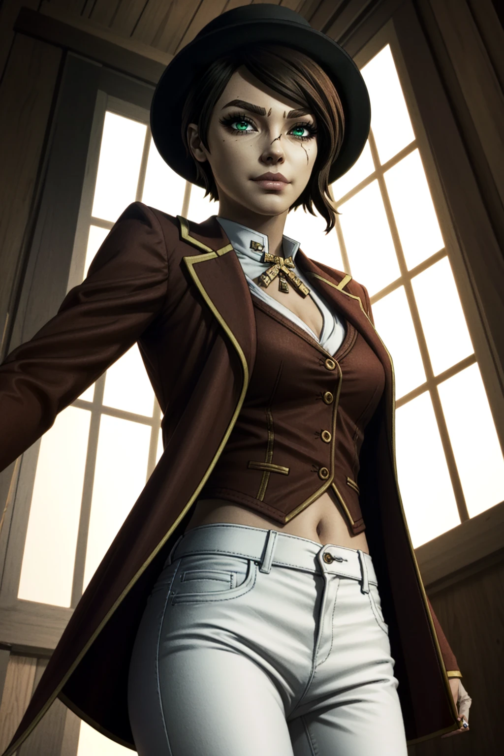 <lora:FionaV1.4:0.8> , 1girl, brown hair, eyebrow scar, eyeshadow, fionatftbl, green eyes, nail polish, no headwear, no hat, red business coat, short hair, smirk, white pants